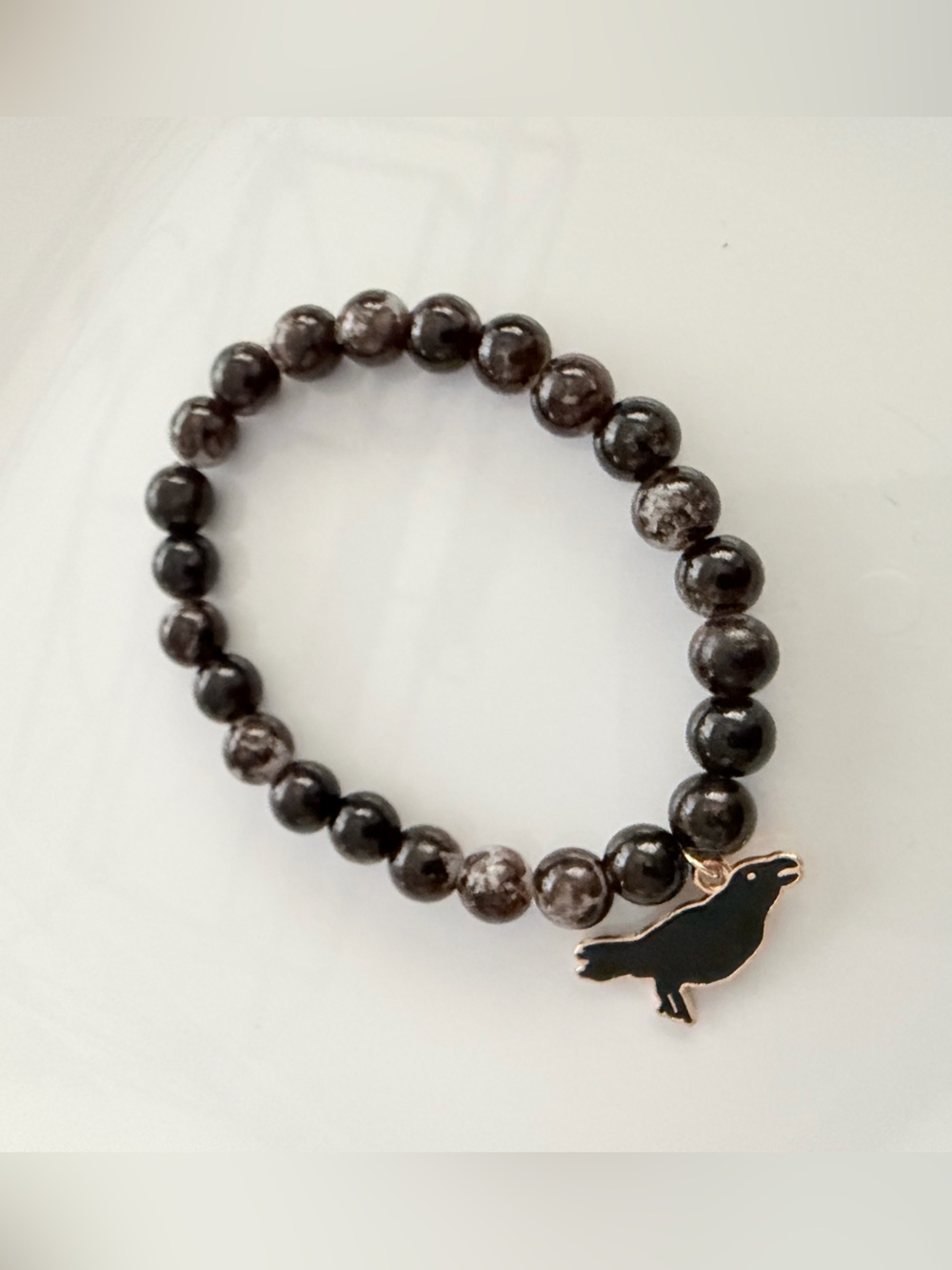 Black Bead Bracelet with Bird Charm Goth Jewelry
